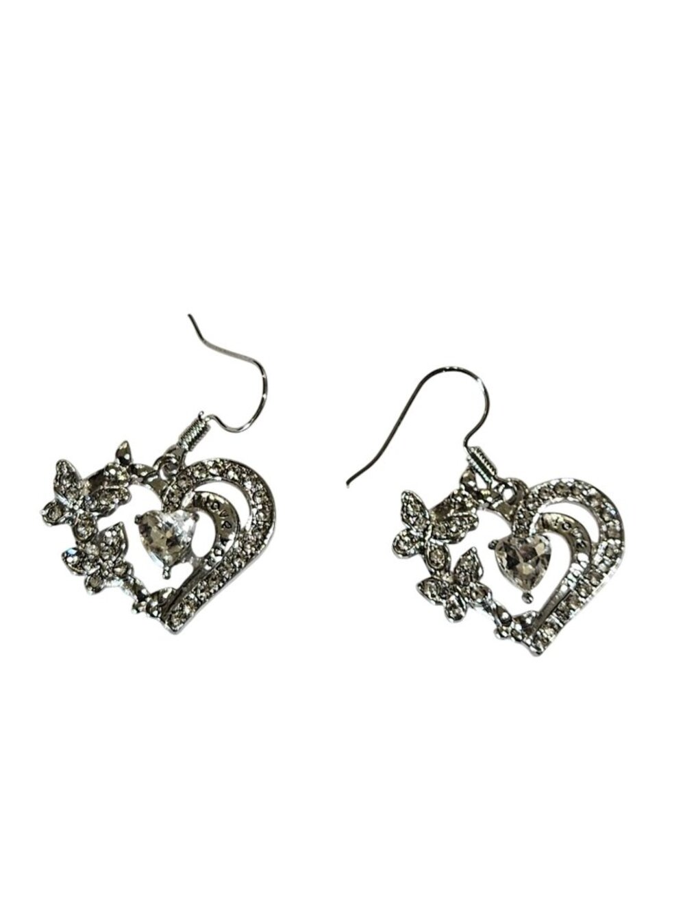 Silvertone Heart Dangle Earrings I Love You Clear Rhinestone Butterflies 0.75 in